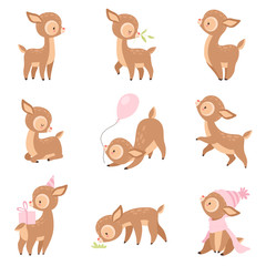 Cute Baby Deer, Adorable Brown Forest Animal in Different Situations Set Vector Illustration