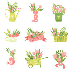 Fototapeta na wymiar Bouquets of Flowers in Vases and Pots of Various Shapes Set, Hello Spring Floral Design Template Vector Illustration