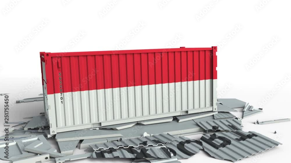 Poster cargo container with flag of indonesia breaks container with export text. conceptual 3d animation