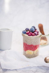 Homemade vegan chia pudding made of white chia seeds and almond milk with frozen berries on top. White background