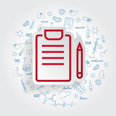 Medical Report vector icon for mobile application, button and website design. Illustration isolated on handdrawn healthcare doodles background. logo, app, infographic