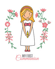 Girl communion card. Child in flower frame