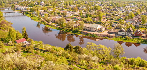 Small provincial town of Torzhok on  bank of Tvertsa River in spring
