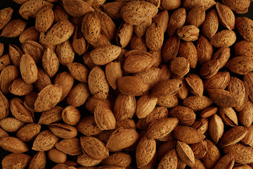 Top view of handful of pecans, almonds on a black background. Closeup. Micro