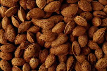 Top view of handful of pecans, almonds on a black background. Closeup. Micro