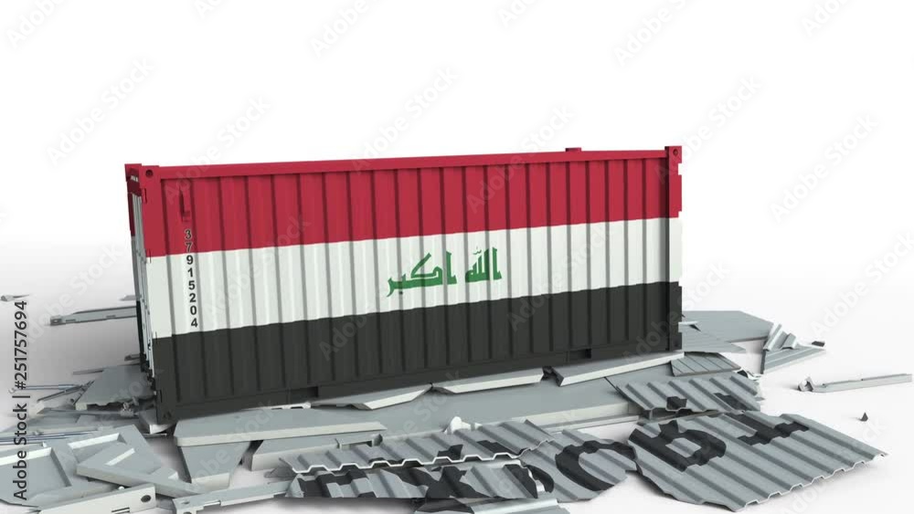 Poster container with export text being crashed with container with flag of iraq, conceptual 3d animation