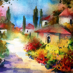 Watercolor colorful bright textured abstract background handmade . Mediterranean landscape . Painting of architecture and vegetation of the sea coast , made in the technique of watercolors from nature
