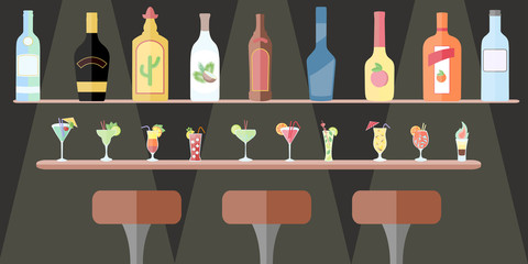 Bar with cocktails and alcoholic drinks. Vector. Flat design style.