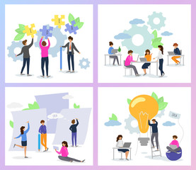 Creative people vector man woman character working together at office illustration set of teamwork ideas brainstorming team creating project design on meeting isolated on background