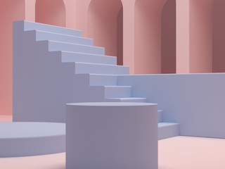 Scene with geometrical forms to show cosmetic products. 3d abstract minimal background. Empty blue platform, podium, stais and pink arches in the background. Trendy mock up. Pastel colors. 3d render