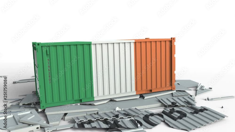 Poster container with export text being crashed with container with flag of ireland, conceptual 3d animatio
