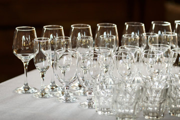 Glasses for wine and champagne at a buffet table
