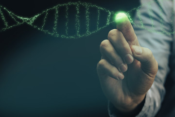 Business, people, science, future technology and genetics concept - close up of businessman touching virtual dna molecule projection over dark background