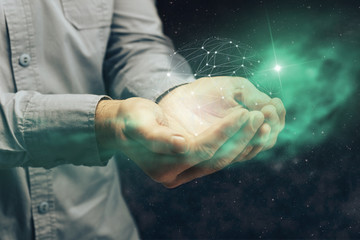 Man holding in palm Social connection technologies. Mixed media.