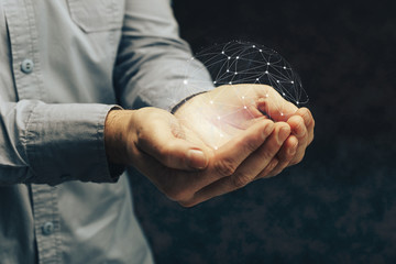 Man holding in palm Social connection technologies. Mixed media.