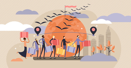 Immigration vector illustration. Flat tiny crisis travel persons concept. - obrazy, fototapety, plakaty