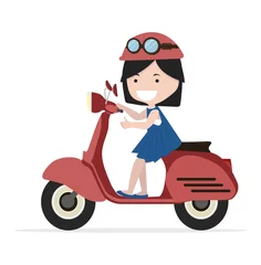 Foto op Plexiglas  girl riding  red motorcycle Flat design © focus_bell