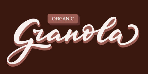 Organic Granola - hand lettering with font. Package design in brown/white colors. Vector illustration.