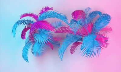Obraz premium Tropical leaves 3d render, pink blue neon lights, vibrant botanical background, jungle nature, ultraviolet light.