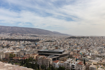 Fototapeta na wymiar Athenian panorama with museum of Acropolis in the foreground