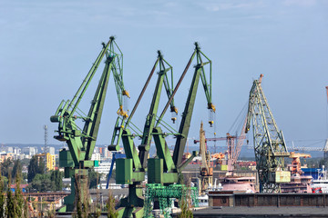 Fototapeta na wymiar Green port cranes in Gdansk, Poland