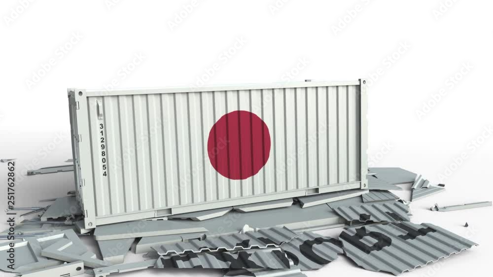 Aufkleber container with export text being crashed with container with flag of japan, conceptual 3d animation