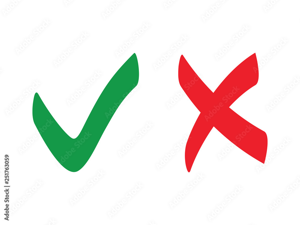 Poster tick and cross signs. green checkmark ok and red x icons, simple marks graphic design. symbols yes a