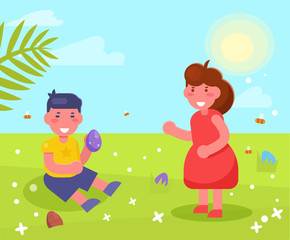 Children looking for eggs for Easter Vector. Cartoon. Isolated art