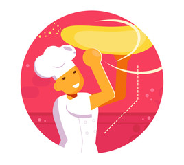 Chef spinning the pizza dough Vector. Cartoon. Isolated art Flat