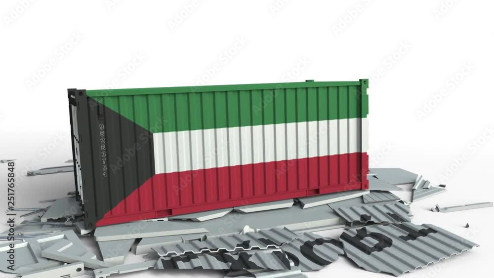 Aufkleber container with export text being crashed with container with flag of kuwait, conceptual 3d animation