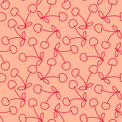 Cherry seamless pattern. Hand drawn fresh fruit. Vector sketch background. Color doodle wallpaper. Berry print