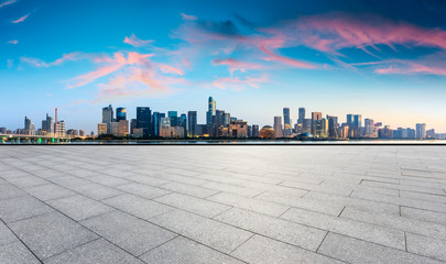 Hangzhou beautiful city scenery and empty floor at sunrise