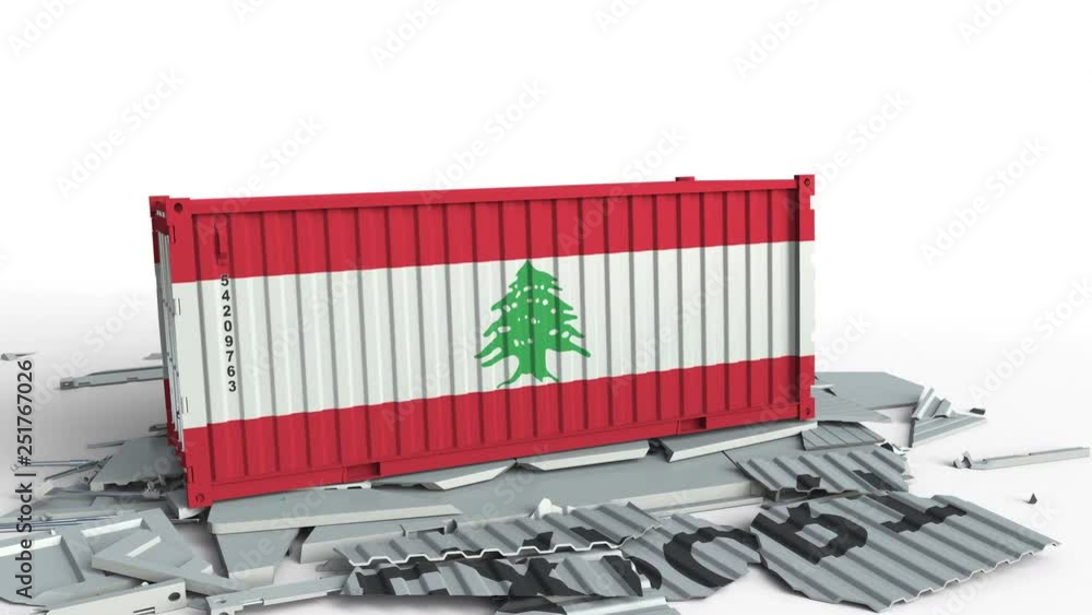 Poster container with export text being crashed with container with flag of lebanon, conceptual 3d animatio