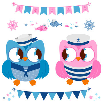 Cute sailor owl birds. Vector illustration set.