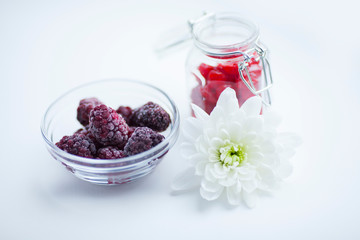 Delicious and healthy breakfast on the white background. Space for a text. Top view.