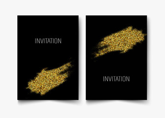 Invitation template with gold glitter confetti background. Festive greeting cards design for event