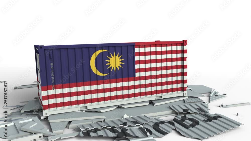 Poster container with export text being crashed with container with flag of malaysia, conceptual 3d animati