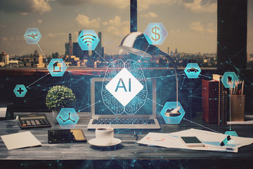 AI (Artificial Intelligence) concept. deep learning. Double exposure desktop background.