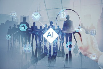 AI (Artificial Intelligence) concept. deep learning. Double exposure.