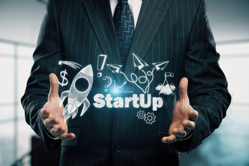 Business scheme concept, startup double exposure background.