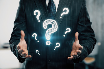 Double exposure of man hands with question marks. Consept of asking and searching information.