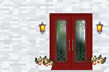 Red vintage front door, house entrance, grey brick wall