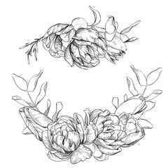 Black and white pencil sketch illustration, wreath of tulip, peony and eucalyptus. © Kateryna