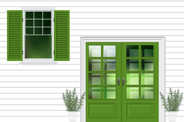 Green modren front door with window, facade house entrance