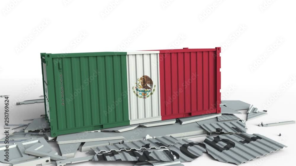 Aufkleber cargo container with flag of mexico breaks container with export text. conceptual 3d animation