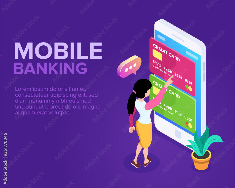 Poster isometric mobile banking concept. transfer of funds using a mobile phone. using a smartphone for ope