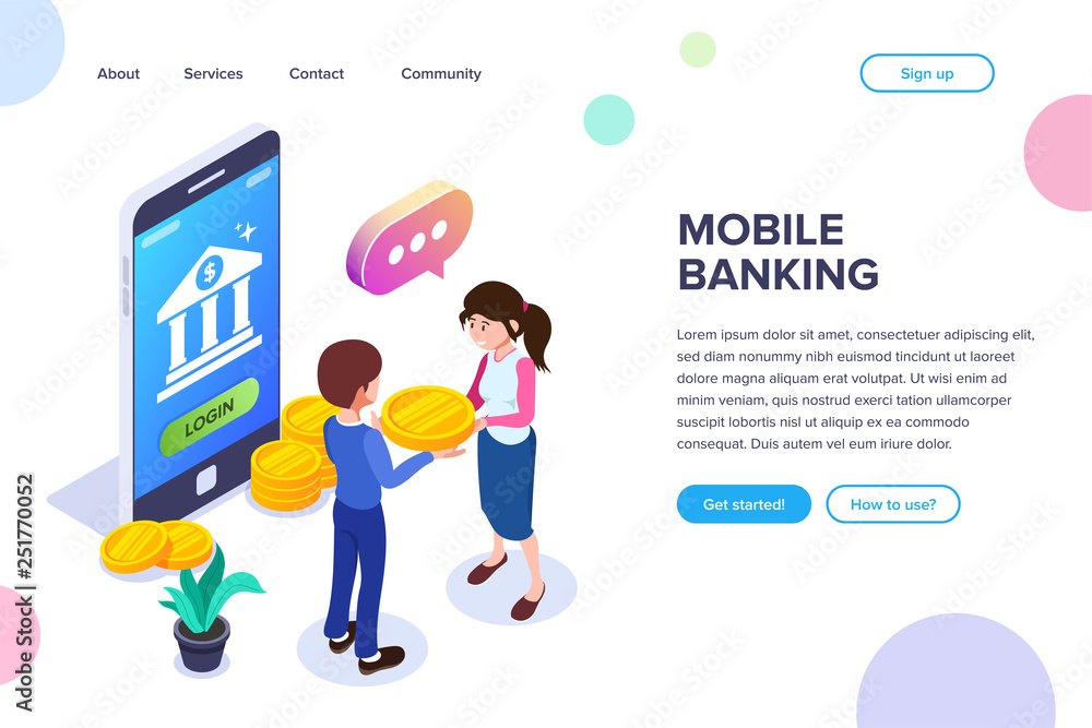 Poster isometric mobile banking concept. transfer of funds using a mobile phone. using a smartphone for ope