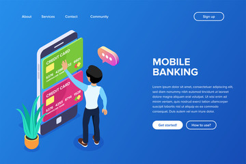 Isometric Mobile Banking Concept. Transfer of funds using a mobile phone. Using a smartphone for operations with bank cards and accounts. Payment of purchases or services.