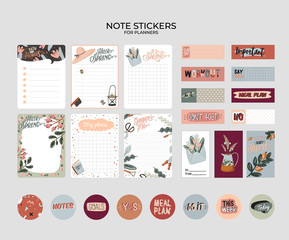Set of planners and to do lists with spring floral scandinavian illustrations and trendy lettering. Template for agenda, planners, check lists, and other stationery. Isolated. Vector background