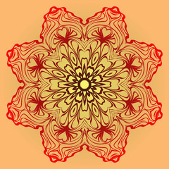 Hand-Drawn Ethnic Mandala. Circle Lace Ornament. Vector Illustration. For Coloring Book, Greeting Card, Invitation, Tattoo. Red, orange sunrise color